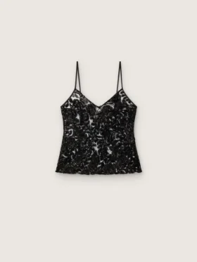 Haut pour femme en tulle noir à motif floral en paillettes noires