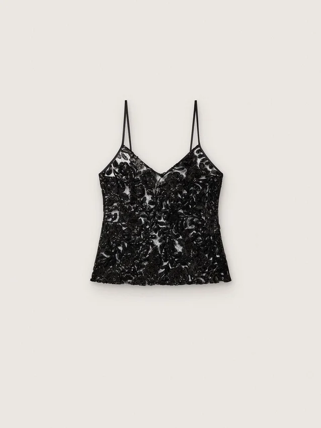 Haut pour femme en tulle noir à motif floral en paillettes noires