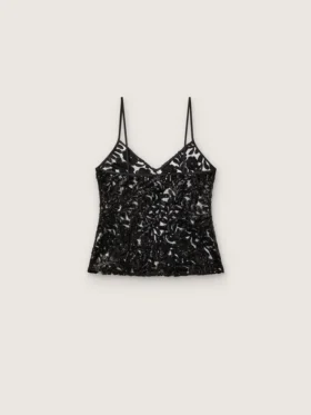 Haut pour femme en tulle noir à motif floral en paillettes noires