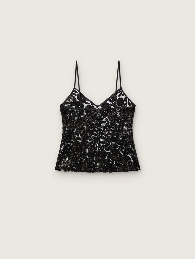 Haut pour femme en tulle noir à motif floral en paillettes noires