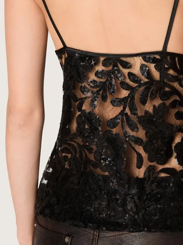 Haut pour femme en tulle noir à motif floral en paillettes noires