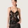 Haut pour femme en tulle noir à motif floral en paillettes noires