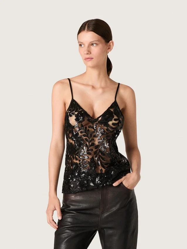Haut pour femme en tulle noir à motif floral en paillettes noires