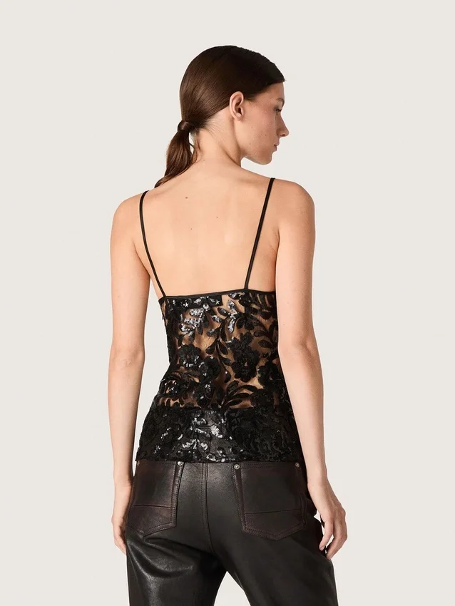 Haut pour femme en tulle noir à motif floral en paillettes noires