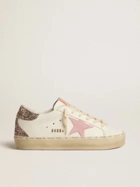 Hi Star en cuir blanc avec étoile en daim rose et languette de talon rose pailletée