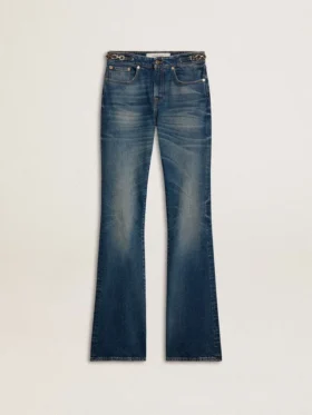 Jean bootcut pour femme au délavage vintage et aux détails métalliques