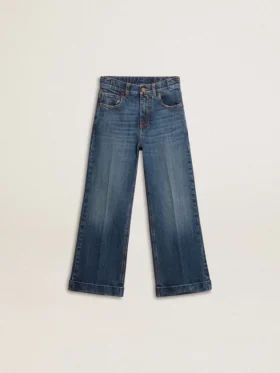 Jean bootcut pour filles, délavage moyen et broderies