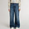 Jean bootcut pour filles, délavage moyen et broderies