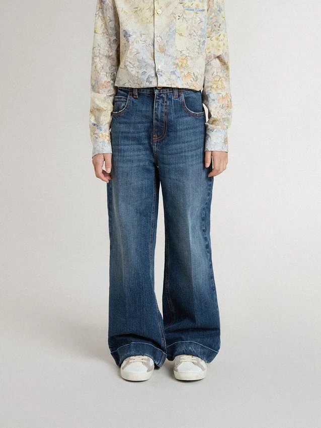 Jean bootcut pour filles, délavage moyen et broderies
