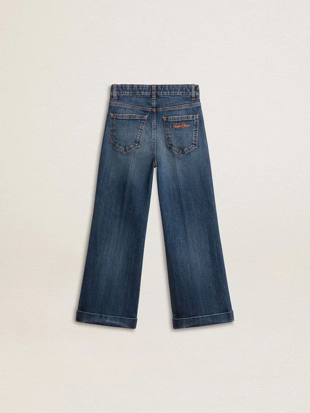 Jean bootcut pour filles, délavage moyen et broderies