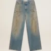 Jean boyfriend pour femme avec effet usé, délavage sable et clous