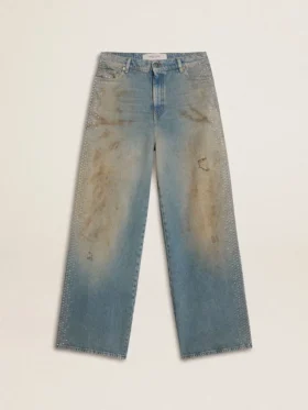 Jean boyfriend pour femme avec effet usé, délavage sable et clous