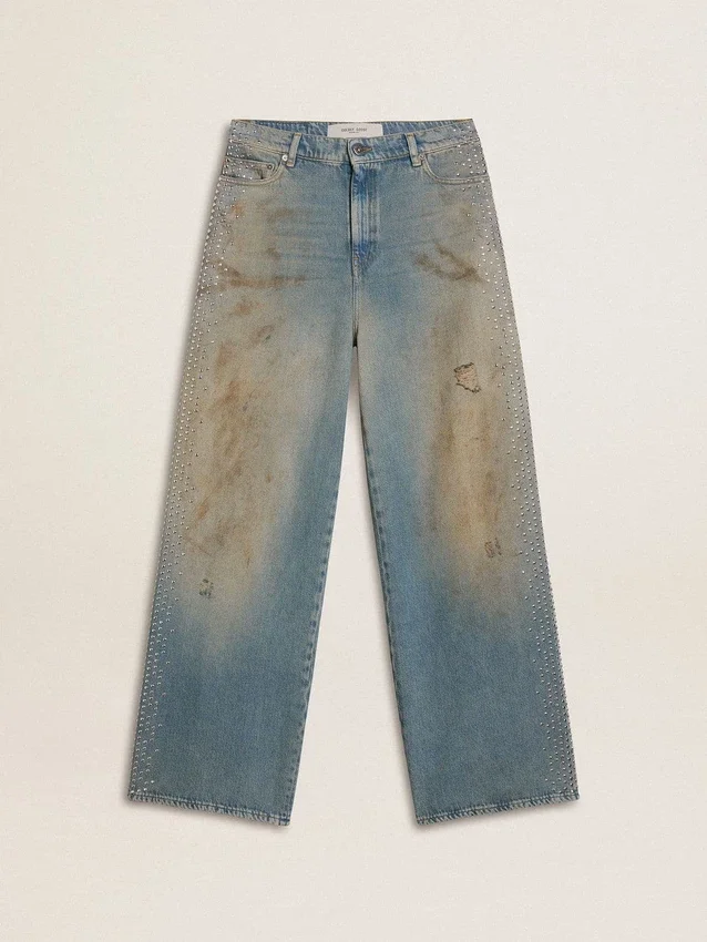 Jean boyfriend pour femme avec effet usé, délavage sable et clous