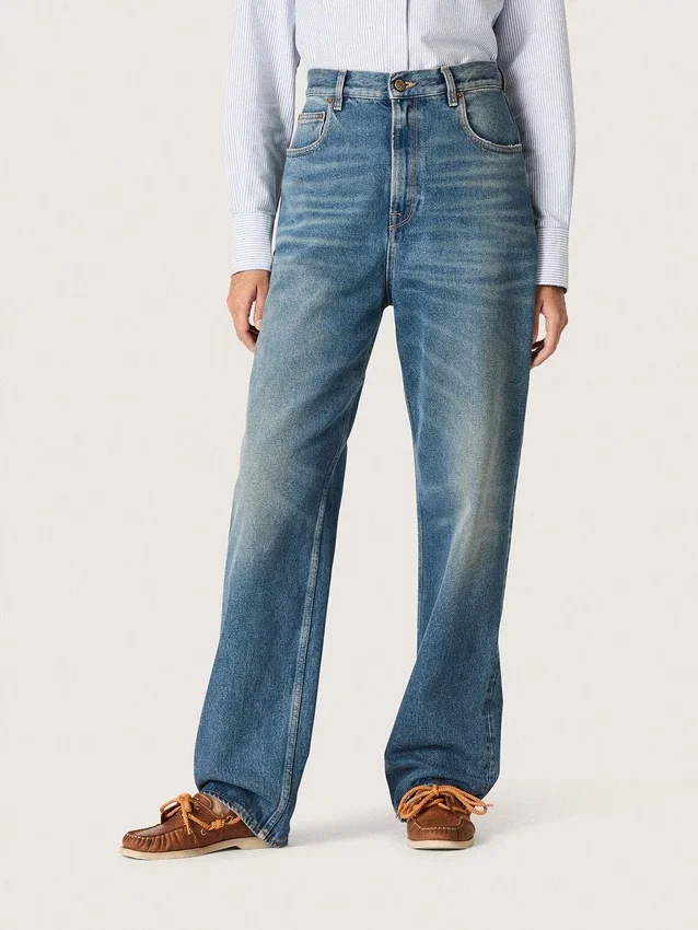 Jean boyfriend pour femme Golden en denim bleu clair délavé à la pierre