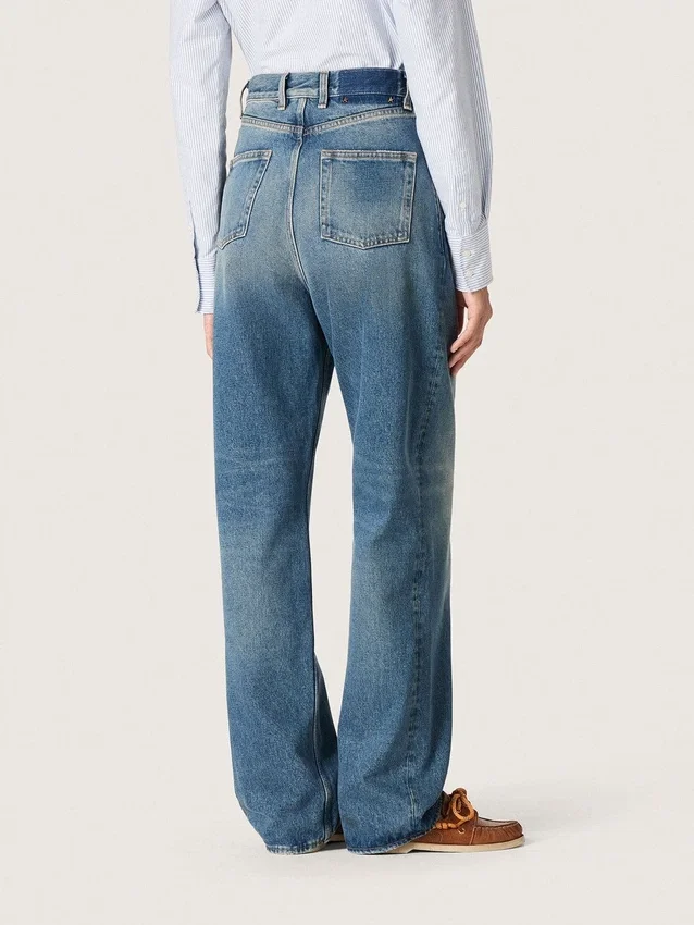 Jean boyfriend pour femme Golden en denim bleu clair délavé à la pierre