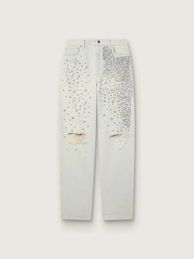 Jean délavé pour femme avec cristaux cabochons