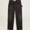 Jean noir en coton délavé pour femme avec empiècements sur le devant