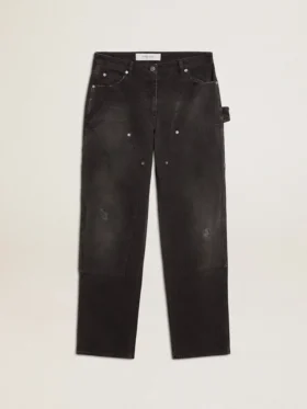 Jean noir en coton délavé pour femme avec empiècements sur le devant