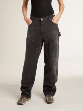 Jean noir en coton délavé pour femme avec empiècements sur le devant