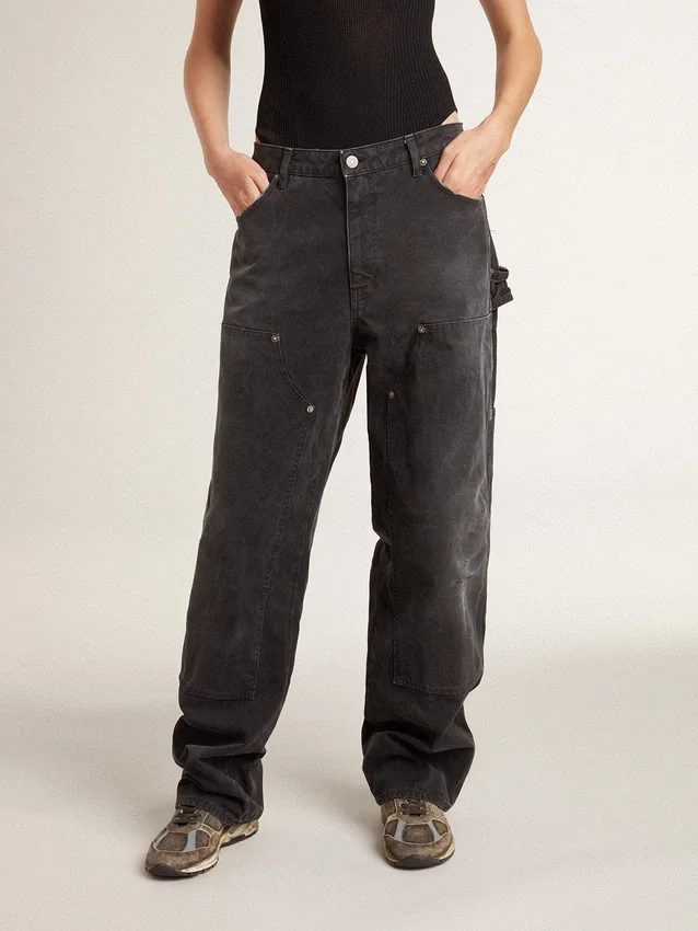 Jean noir en coton délavé pour femme avec empiècements sur le devant