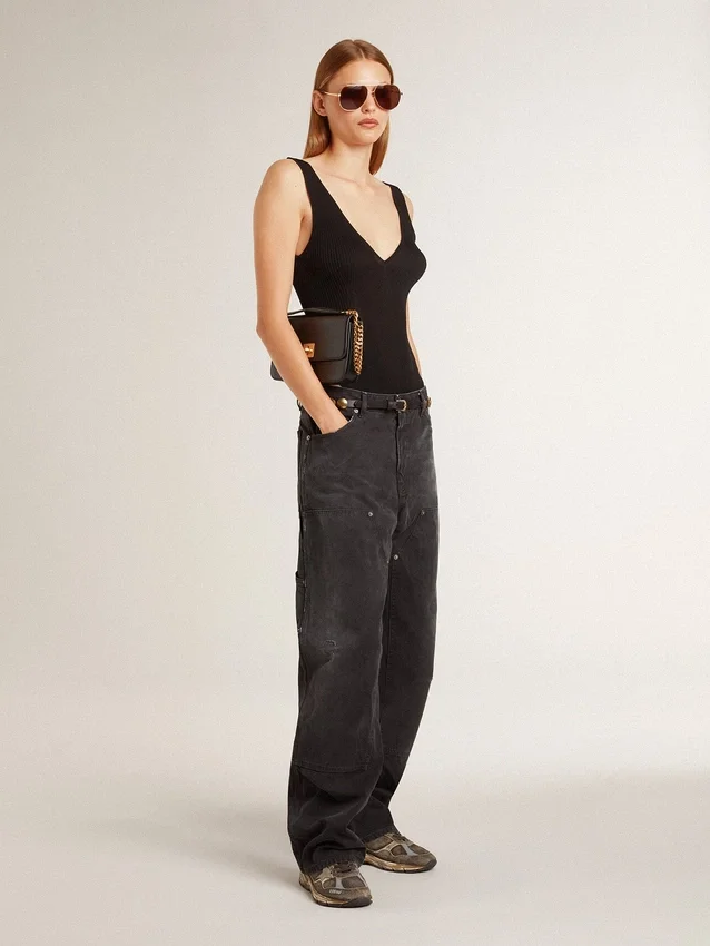 Jean noir en coton délavé pour femme avec empiècements sur le devant