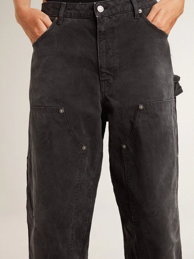 Jean noir en coton délavé pour femme avec empiècements sur le devant