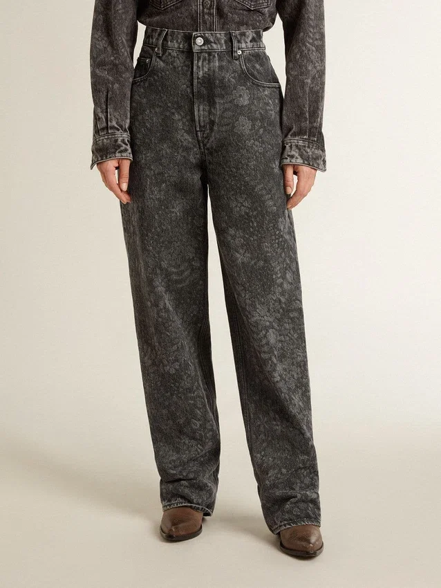 Jean noir pour femme à motif floral