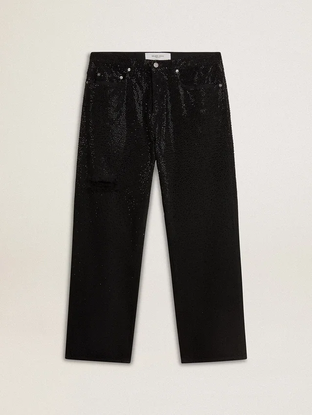 Jean noir pour homme à la coupe ample et à l’effet dégradé, entièrement orné de cristaux