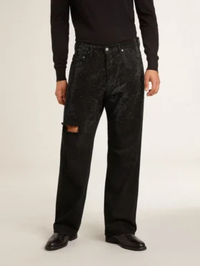 Jean noir pour homme à la coupe ample et à l’effet dégradé, entièrement orné de cristaux
