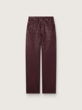 Jean pour femme en denim bordeaux orné de cristaux dégradés