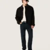 Veste courte rembourrée pour homme en coton noir avec col en cuir