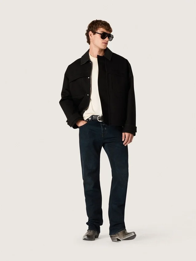 Veste courte rembourrée pour homme en coton noir avec col en cuir