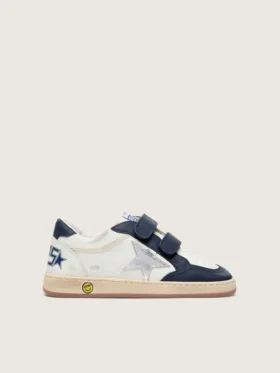 Junior Ball Star en cuir blanc avec une étoile en cuir argent métallisé et des empiècements en cuir bleu foncé
