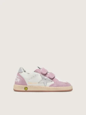 Young Ball Star en cuir blanc avec étoile en cuir argent métallisé et empiècements en daim lilas