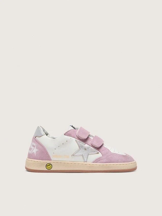 Young Ball Star en cuir blanc avec étoile en cuir argent métallisé et empiècements en daim lilas