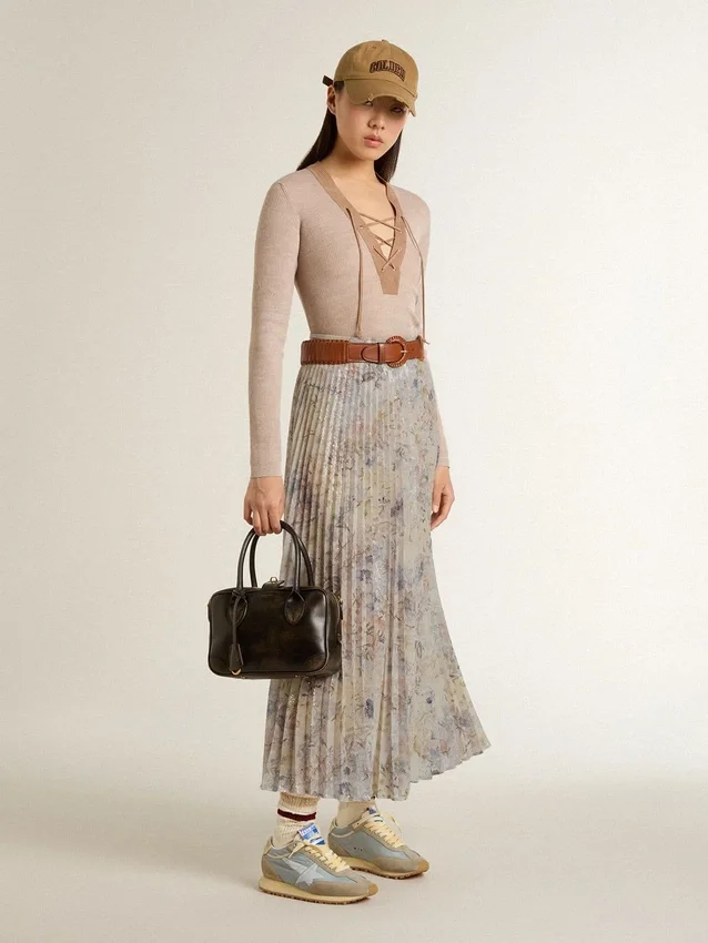 Jupe longue plissée pour femme à imprimé floral multicolore à paillettes