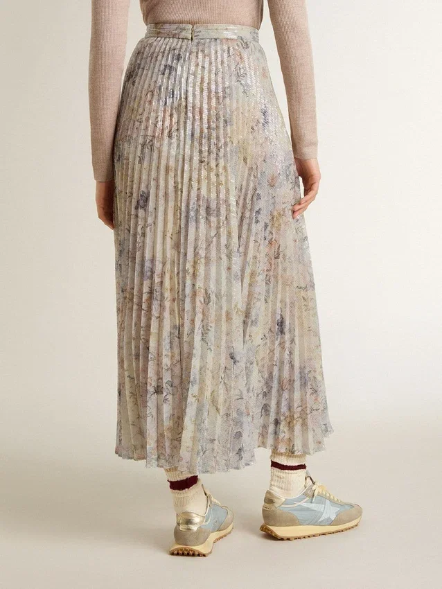 Jupe longue plissée pour femme à imprimé floral multicolore à paillettes