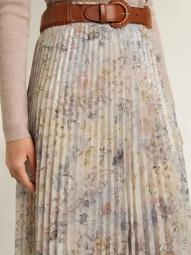 Jupe longue plissée pour femme à imprimé floral multicolore à paillettes