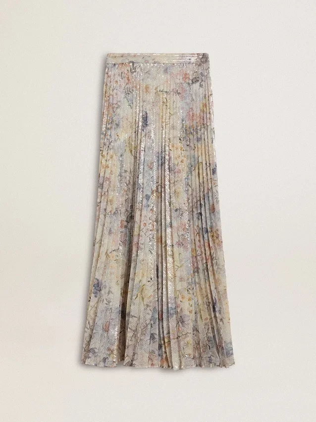 Jupe longue plissée pour femme à imprimé floral multicolore à paillettes