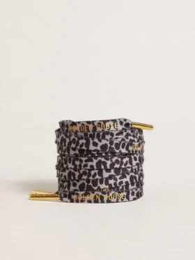 Lacets gris et noirs à imprimé animalier avec logo doré contrastant
