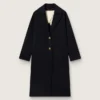 Manteau cocon pour femme à simple boutonnage en laine bleu foncé avec bouton doré