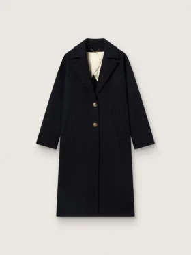 Manteau cocon pour femme à simple boutonnage en laine bleu foncé avec bouton doré