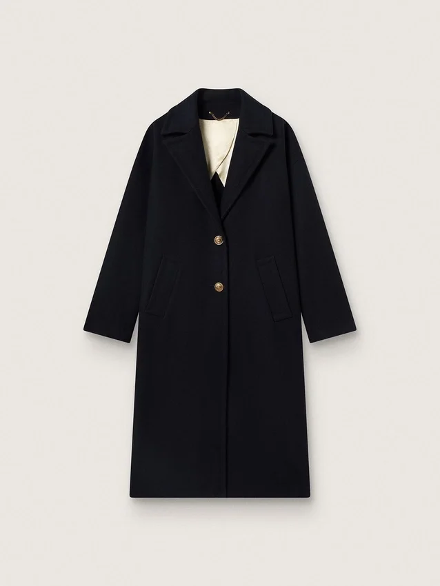 Manteau cocon pour femme à simple boutonnage en laine bleu foncé avec bouton doré