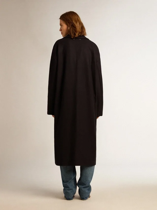 Manteau cocon pour femme à simple boutonnage en laine bleu foncé avec bouton doré
