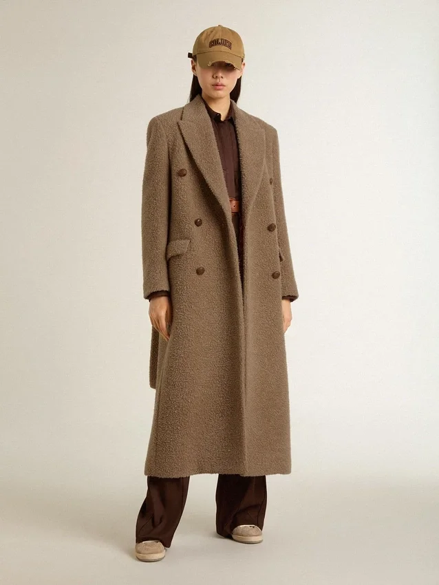 Manteau à double boutonnage pour femme en mélange de laine beige