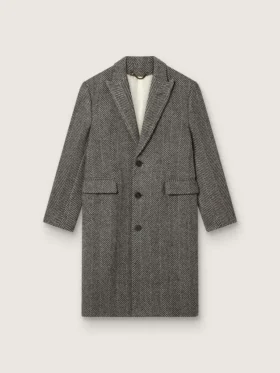 Manteau en laine pour homme à simple boutonnage, avec un tissage à chevrons beige et gris