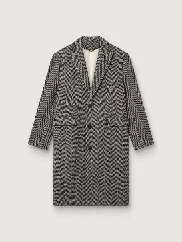 Manteau en laine pour homme à simple boutonnage, avec un tissage à chevrons beige et gris