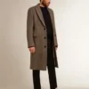 Manteau en laine pour homme à simple boutonnage, avec un tissage à chevrons beige et gris