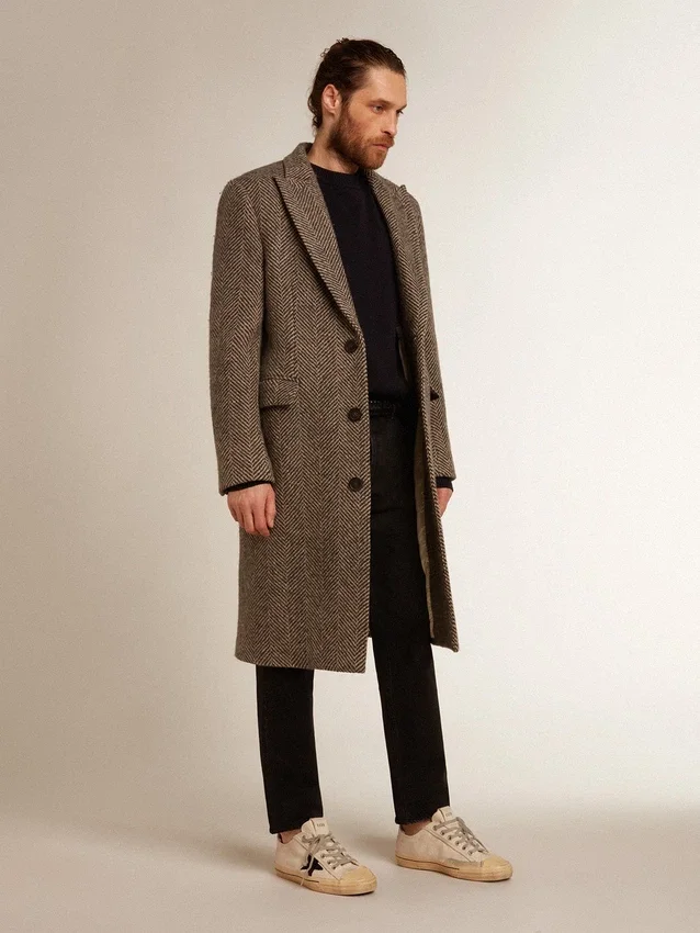 Manteau en laine pour homme à simple boutonnage, avec un tissage à chevrons beige et gris
