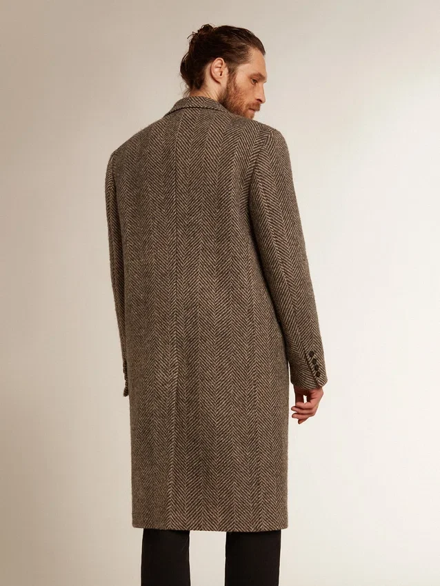 Manteau en laine pour homme à simple boutonnage, avec un tissage à chevrons beige et gris